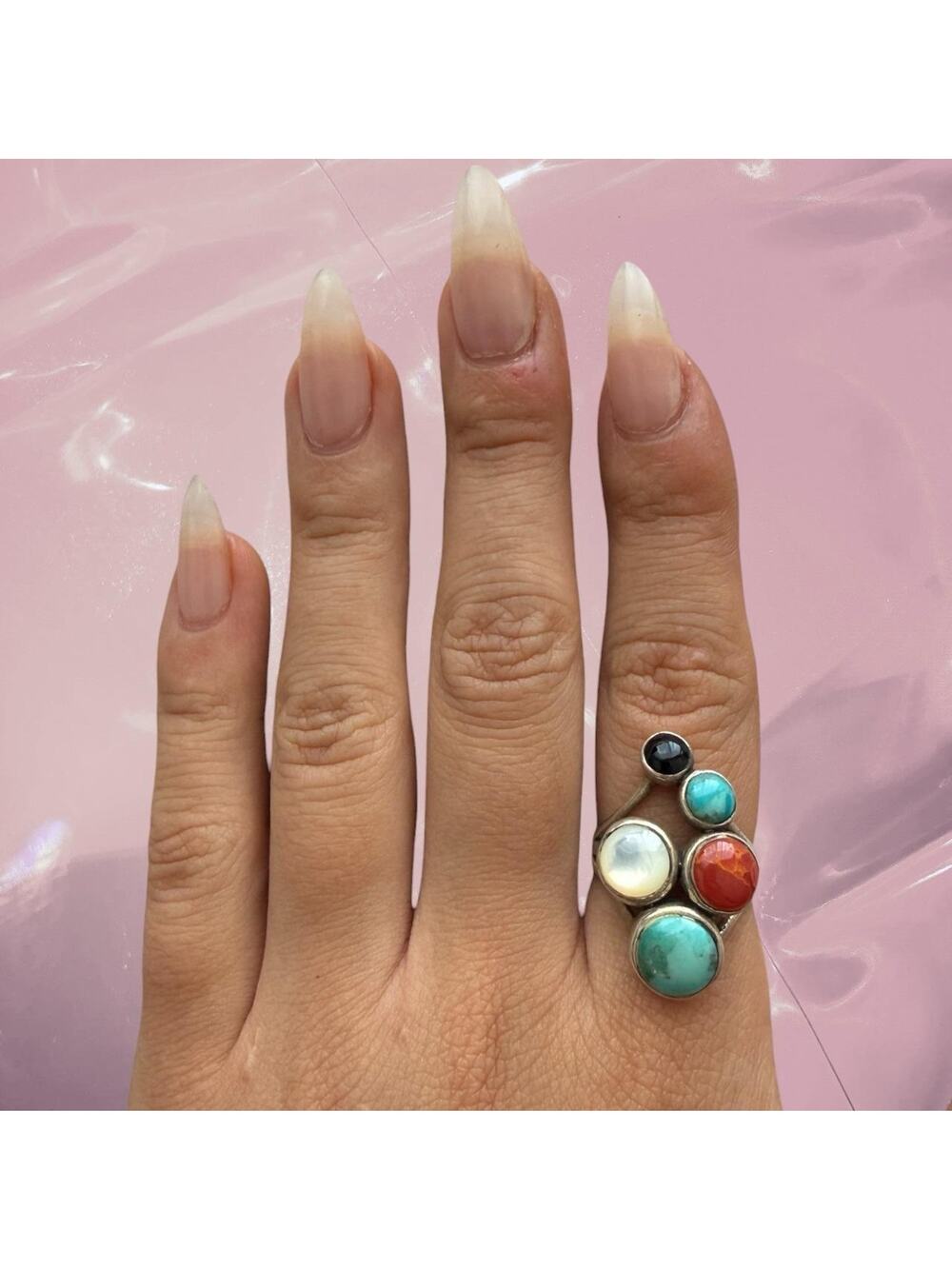 Vintage boho 925 Sterling silver turquoise carnelian mother of pearl onyx ring 8